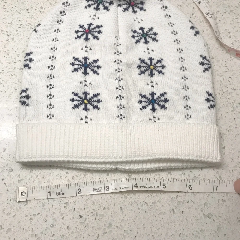 Kids Youth White & Navy Snowflake Pom Pom Beanie With Rainbow Dots